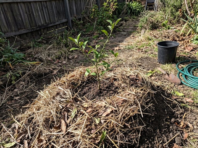 Agrume rustique planté en butte avec un épais paillage hivernal à sa base