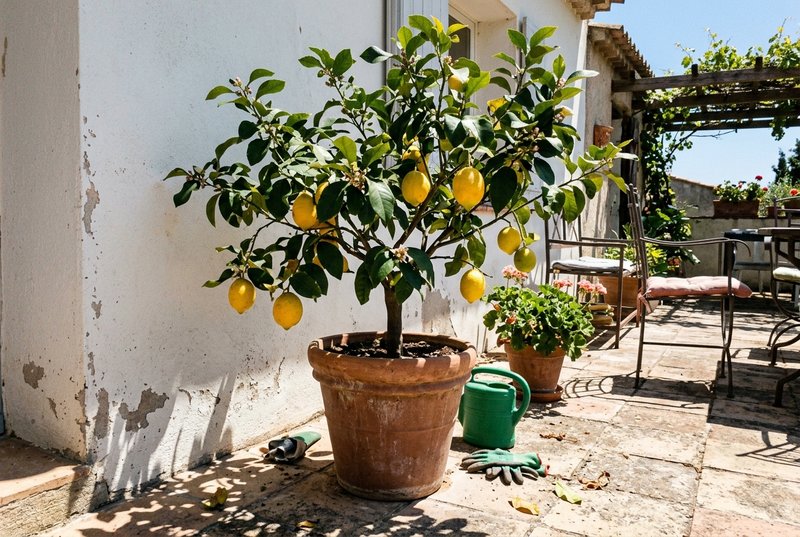Citronnier en pot sur une terrasse ensoleillée